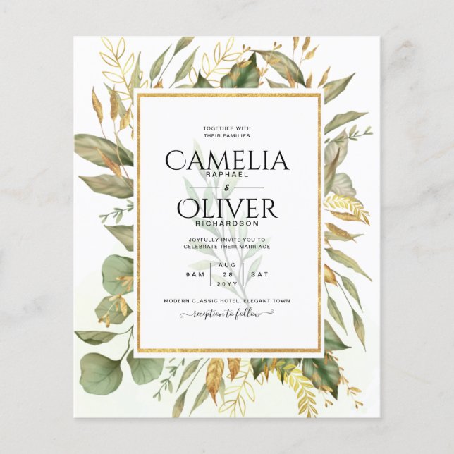 BUDGET All-in-1 Greenery Gold Leaves  Wedding Flyer (Front)