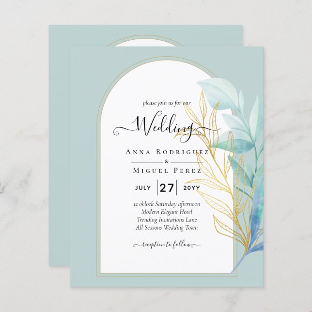 BUDGET All-in-1 Sea Glass Gold Leaf Sage Wedding (Front/Back)