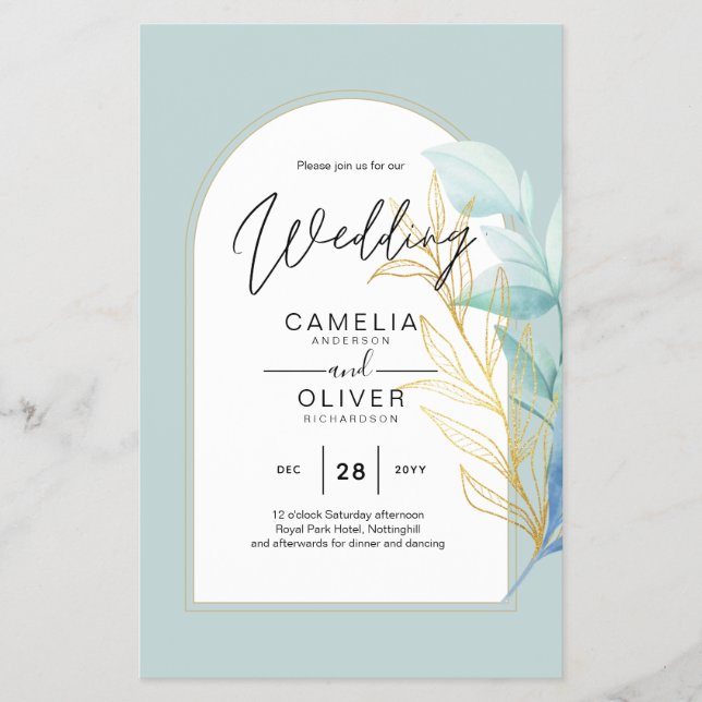 BUDGET All-in-1 Sea Glass Gold Leaf Sage Wedding Flyer (Front)
