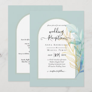 BUDGET All-in-1 Sea Glass Gold Leaf Sage Wedding Invitation