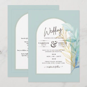 BUDGET All-in-1 Sea Glass Gold Leaf Sage Wedding Invitation