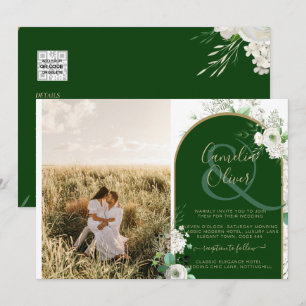 Budget All-in-1 White Roses Green Wedding QR Code Invitation