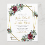 Budget All in One Amaryllis Pine Wedding Invite<br><div class="desc">Budget All in One Amaryllis Pine Gold Frame Floral Winter Wedding Invitation... Our affordable "All in One" floral winter wedding invitation features a gold geometric frame embellished with bouquets of burgundy amaryllis, white anemones, wispy pine branches and green holiday foliage bordering your personalized wedding invitation text. The back of the...</div>