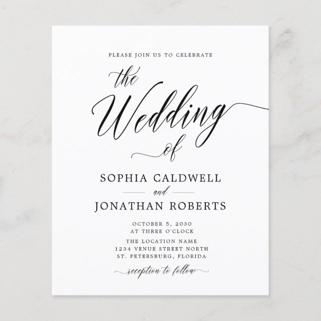 Budget All in One Black Calligraphy Wedding Invite (Front)
