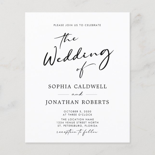 Budget All in One Chic Calligraphy Wedding Invite (Front)