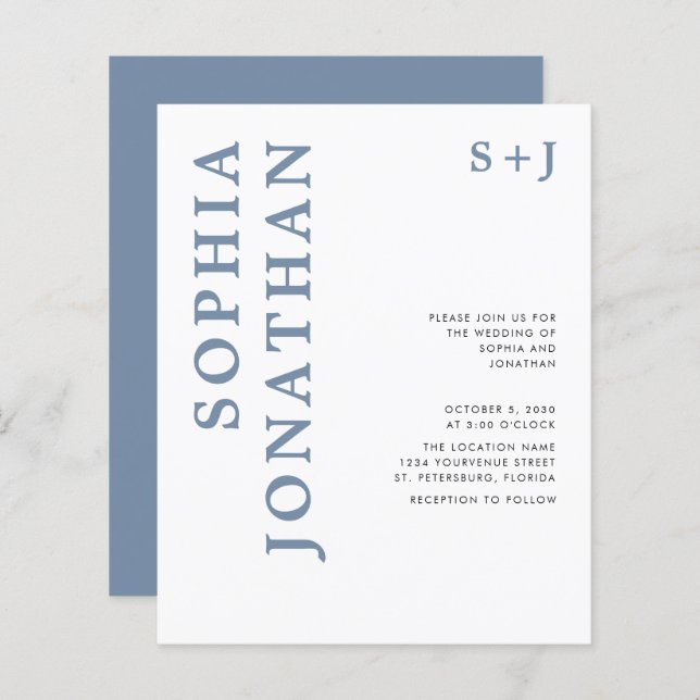 Budget All in One Dusty Blue Wedding Invitation (Front/Back)
