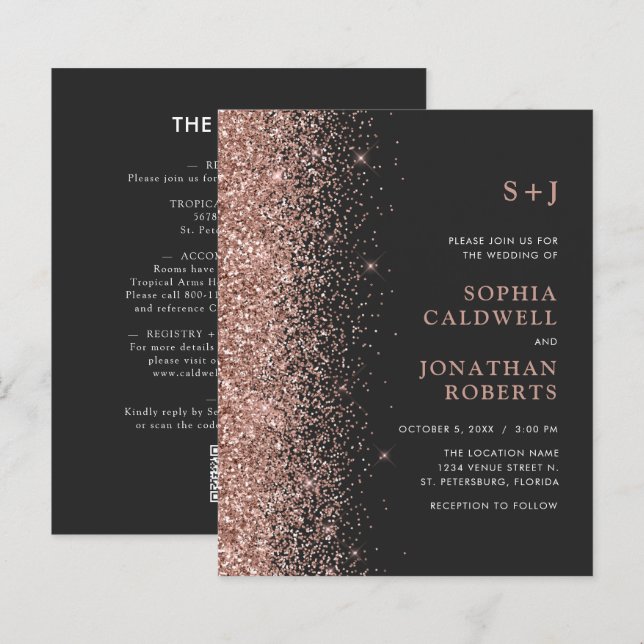 Budget All in One Glitter Charcoal Wedding Invite (Front/Back)
