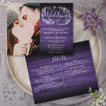 Budget All In One Purple Wood Photo Wedding Invite<br><div class="desc">Featuring a hand-drawn floral garland,  this elegant budget rustic wedding invitation can be personalized with all your special wedding day information on the reverse including your RSVP,  accommodation,  and additional details. Designed by Thisisnotme©</div>