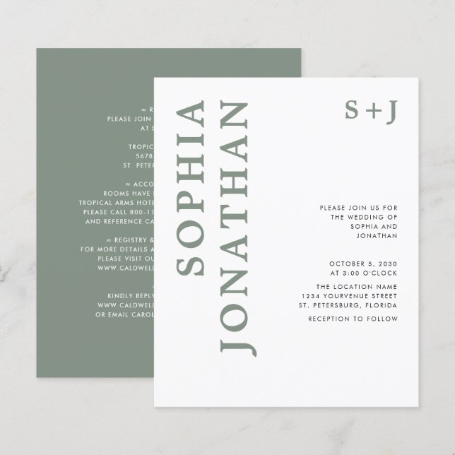 Budget All in One Sage Green Wedding Invitation (Front/Back)