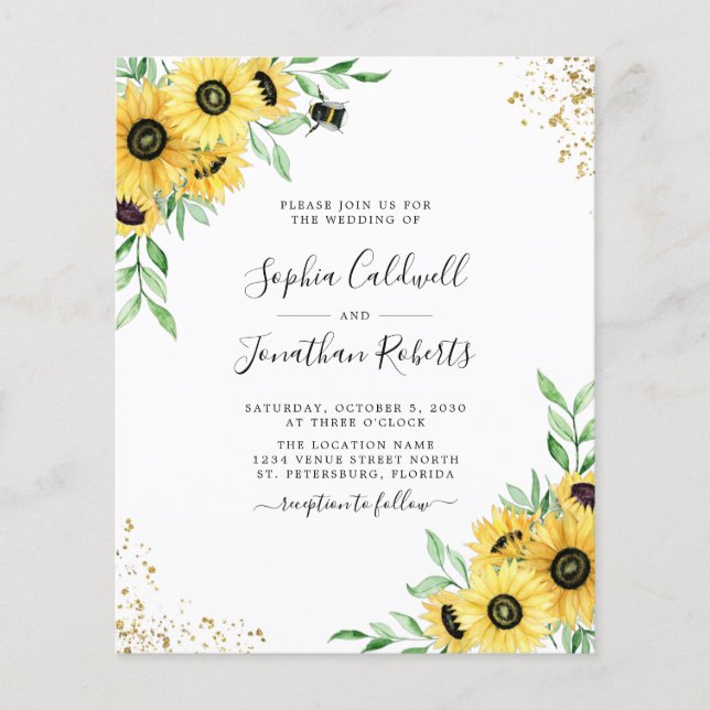 Budget All in One Sunflowers Bee Wedding Invite (Front)