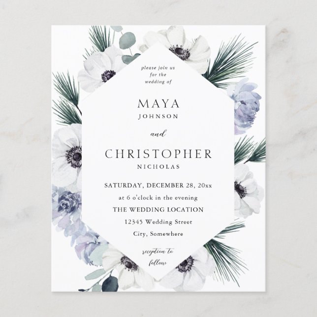 Budget Anemone Winter White Floral Wedding Flyer (Front)