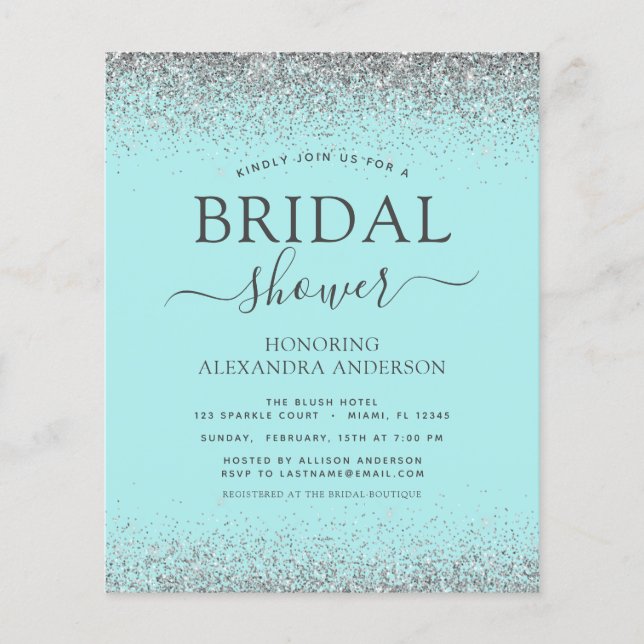 Budget Aqua Blue Teal Silver Glitter Bridal Shower Flyer (Front)