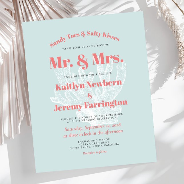 Budget Aqua Coral Beach Wedding Invitation (Creator Uploaded)