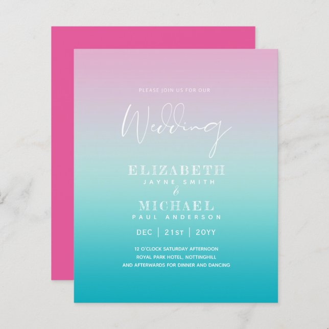 BUDGET Aqua Pink Wedding Invite Ocean Beach (Front/Back)
