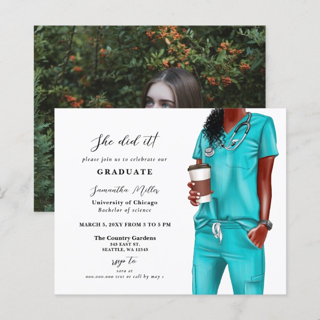 Budget Aqua Scrubs Nurse Photo Graduation Invite (Front/Back)