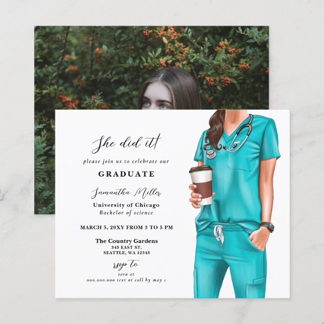Budget Aqua Scrubs Nurse Photo Graduation Invite (Front/Back)