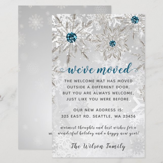 Budget Aqua Snowflakes We've Moved Holiday Cards (Front/Back)
