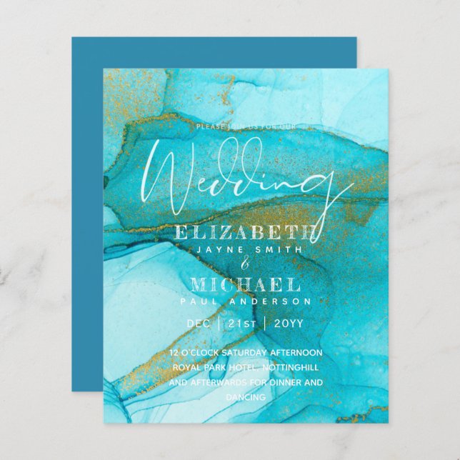 BUDGET Aqua Watercolor Wedding Invite Ocean Beach (Front/Back)