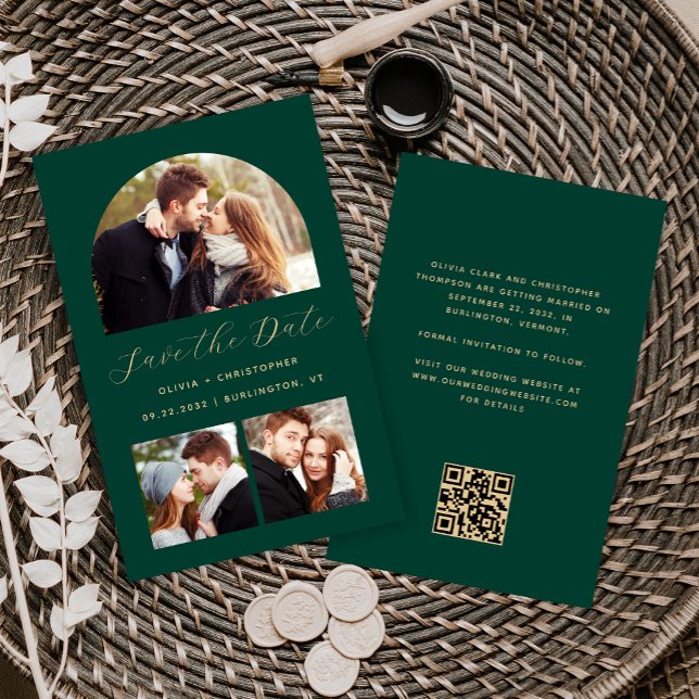 Budget Arch 3-Photo Collage Green QR Save the Date (Creator Uploaded)