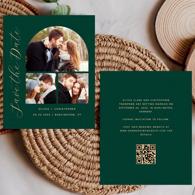 Budget Arch 3-Photo Green QR Code Save the Date (Creator Uploaded)
