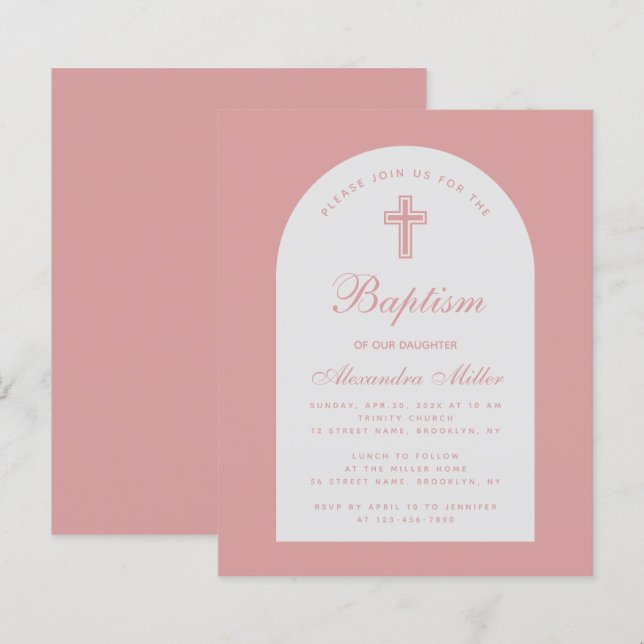 Budget Arch Dusty Rose Girl Baptism Invitation (Front/Back)