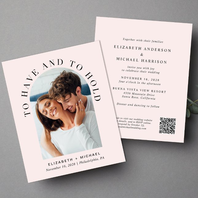 Budget Arch Photo QR Code Pink Wedding Invitation (Creator Uploaded)