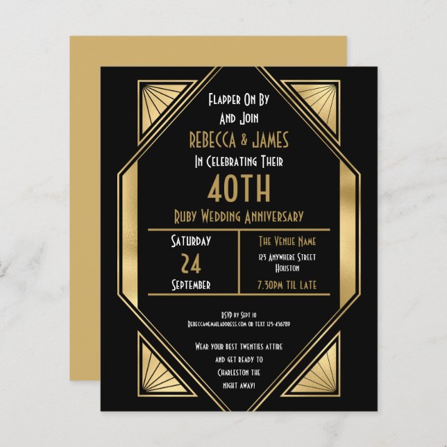 Budget Art Deco Ruby 40th Anniversary Invite (Front/Back)