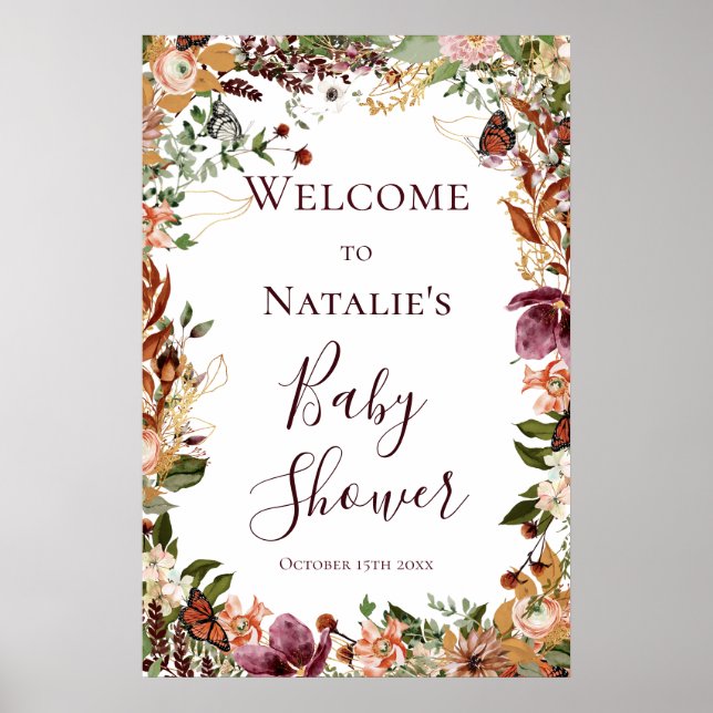Budget Autumn Floral Baby Shower Welcome Sign (Front)