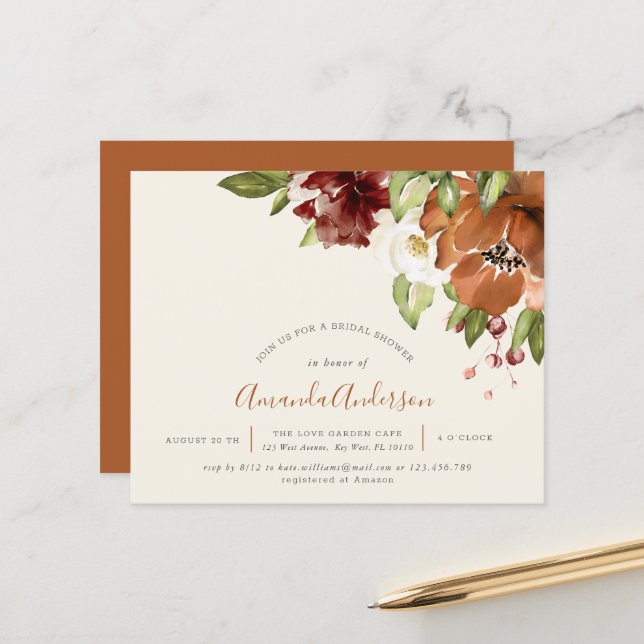 Budget Autumn Floral Ivory Bridal Shower Invite (Front/Back In Situ)
