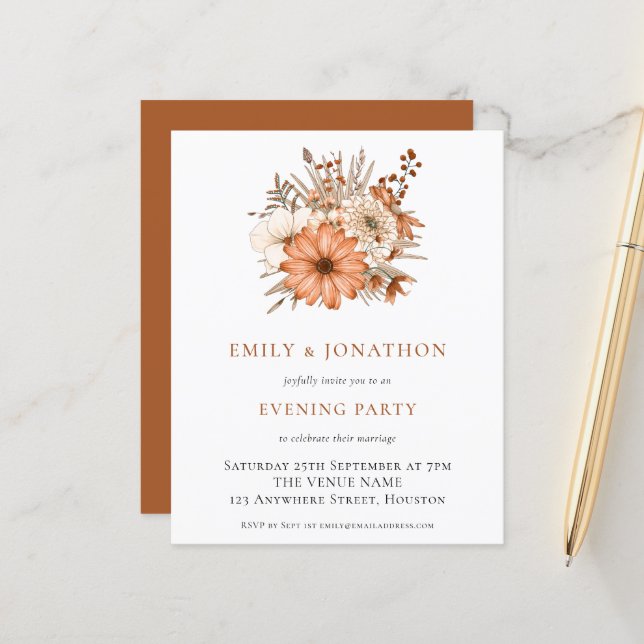 BUDGET Autumn Florals Wedding Evening Party Invite (Front/Back In Situ)
