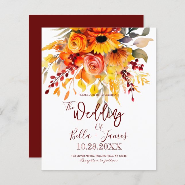 Budget Autumn Flowers Foliage Wedding Invitation (Front/Back)