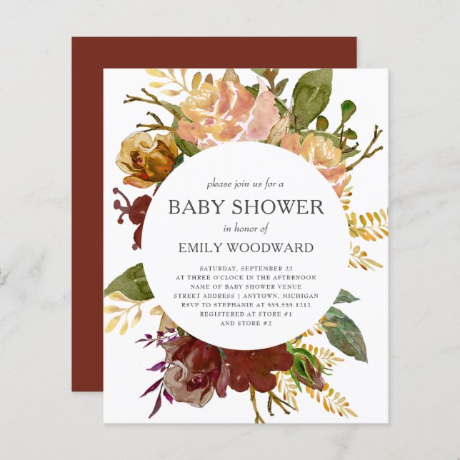 Budget Autumn Rustic Floral Baby Shower Invitation (Front/Back)