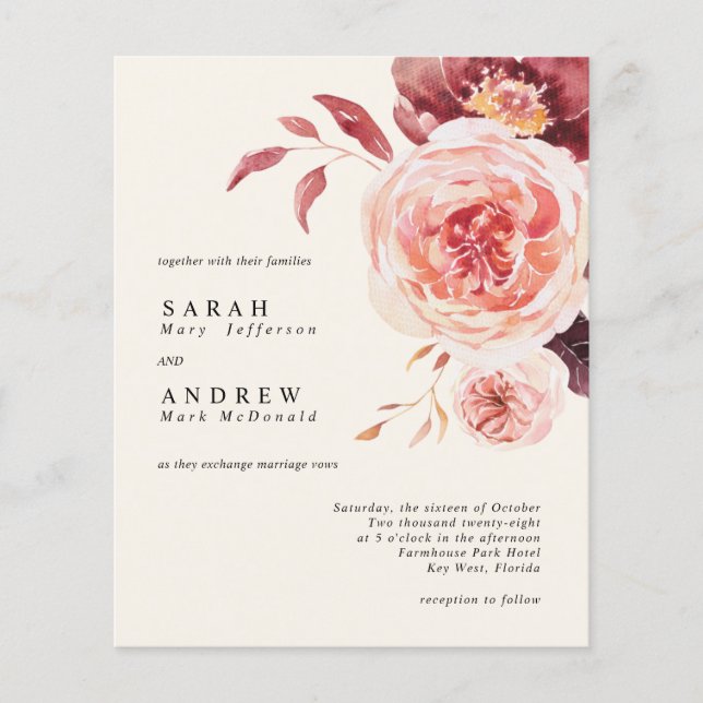 Budget Autumn Watercolor Floral Wedding Invitation (Front)