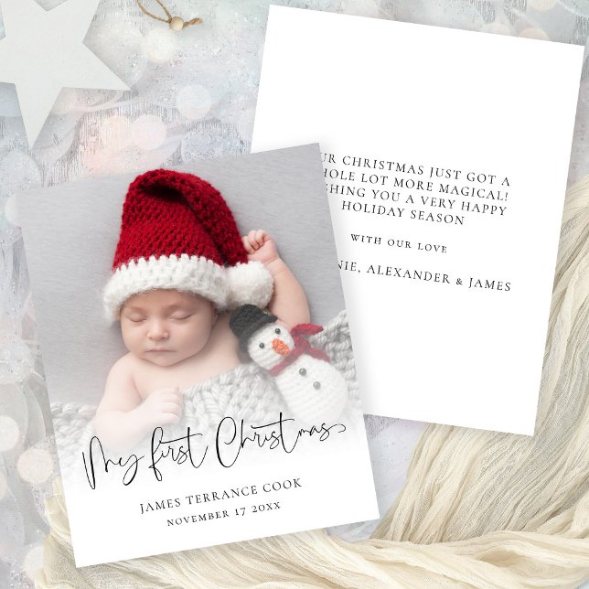 Budget Baby 1st Christmas Name Date Photo Overlay  (Front and back view. A smaller budget price 4.5 x 5.6" alternative)