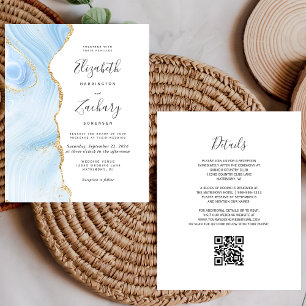 Budget Baby Blue Gold Agate QR Code Wedding Invite