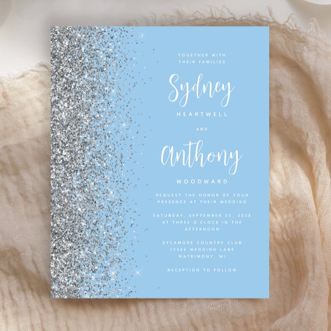 Budget Baby Blue Silver Calligraphy Wedding Invite (Creator Uploaded)