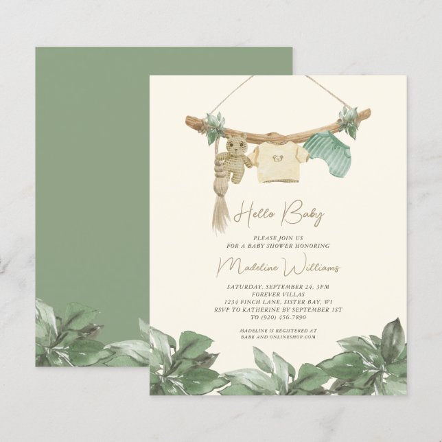 BUDGET Baby Clothes Boy Hello Baby Shower Invite (Front/Back)