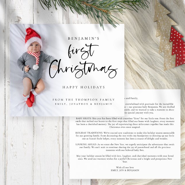 Budget Baby First Christmas Newsletter Carte photo (Front and back view. Budget price value 4.5 x 5.6" with your newsletter on the back)