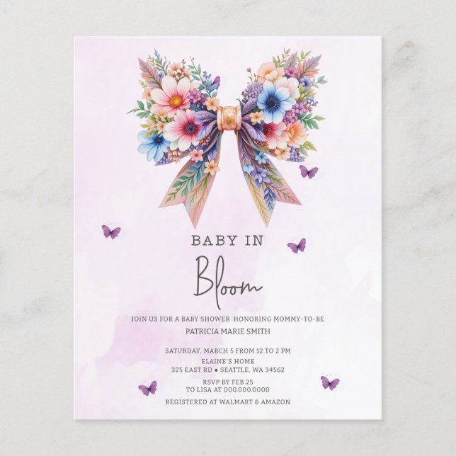 Budget Baby in Bloom Bow Girl Baby Shower Invite (Front)