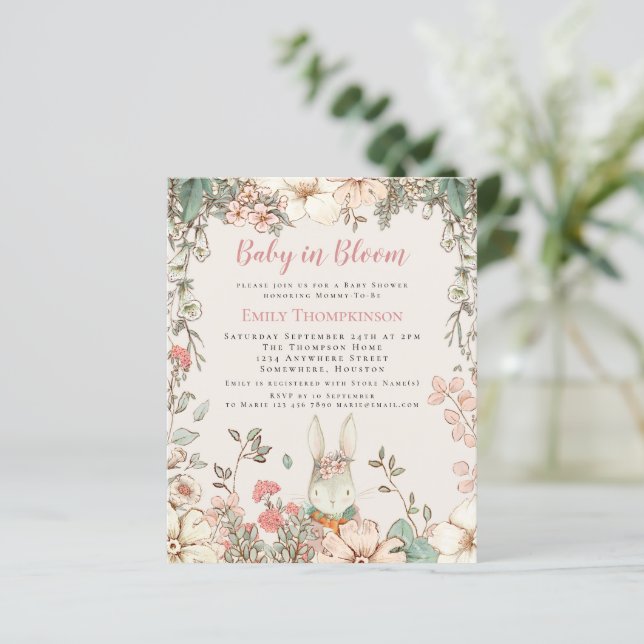 Budget Baby In Bloom Bunny Girl Baby Shower Invite (Standing Front)