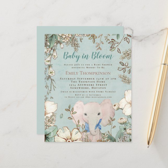 Budget Baby In Bloom Elephant Baby Shower Invite (Front/Back In Situ)