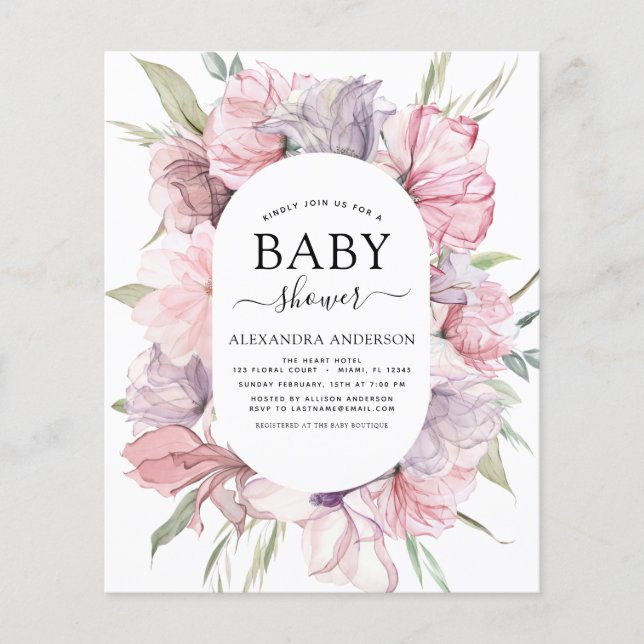 Budget Baby Shower Boho Dusty Pink Purple Flyer (Front)