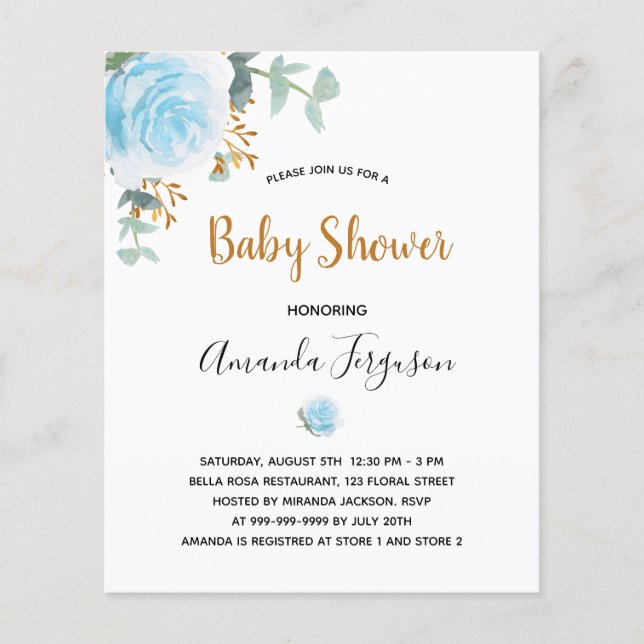 Budget Baby Shower boy blue floral invitation (Front)