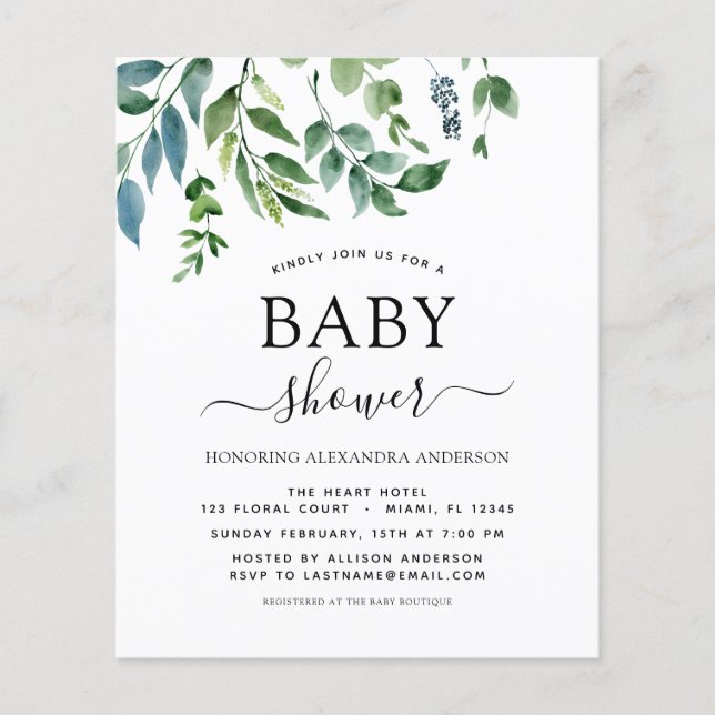 Budget Baby Shower Greenery Botanical Invitation Flyer (Front)