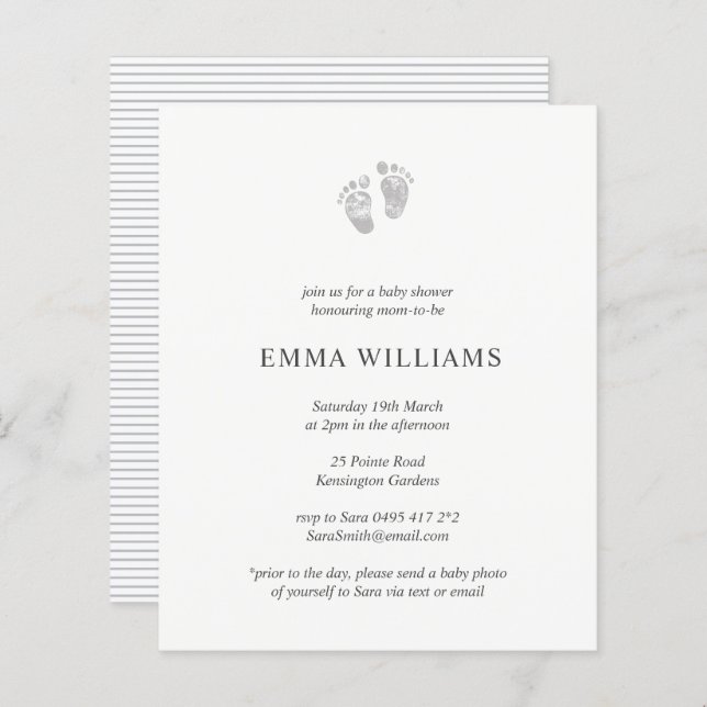 Budget Baby Shower Invitation Grey Footprint (Front/Back)