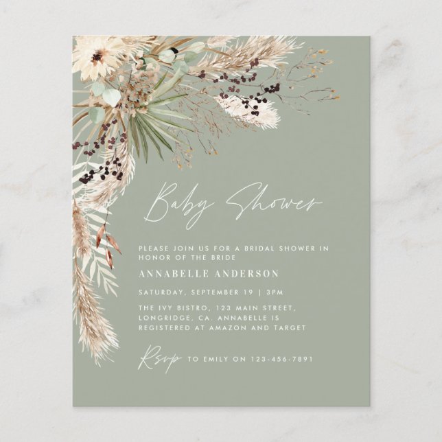 Budget baby shower pampas modern green elegant fly flyer (Front)