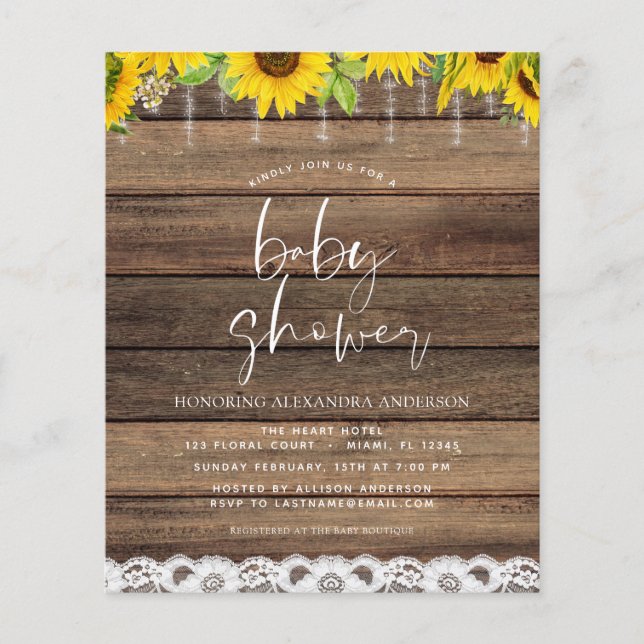 Budget Baby Shower Rustic Sunflower Invitation Flyer (Front)