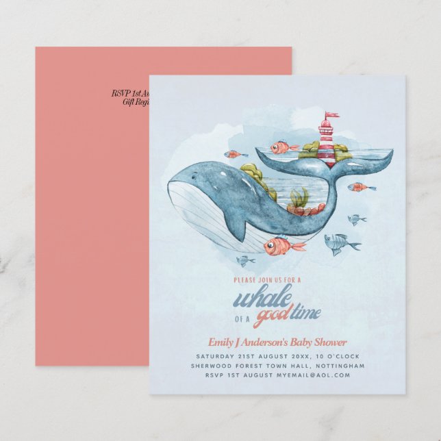 BUDGET Baby Shower Sea Life Whale Boys Blue Invite (Front/Back)