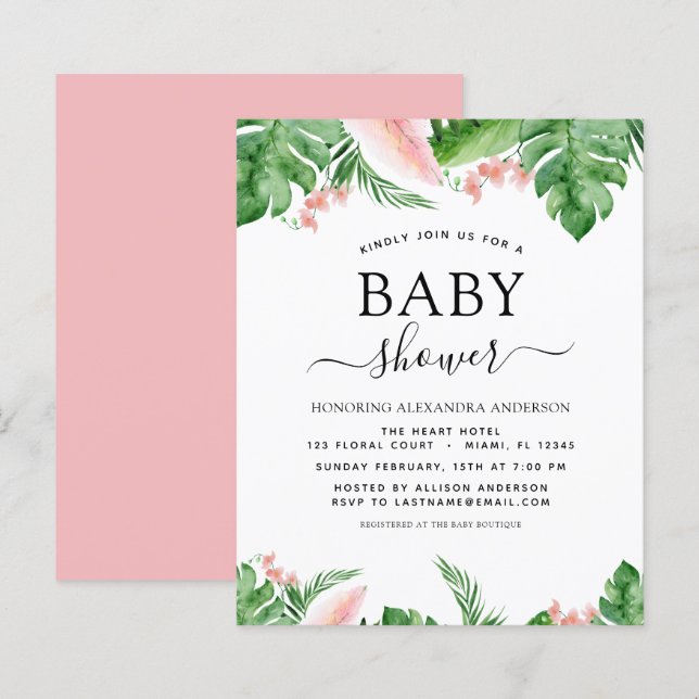 Budget Baby Shower Tropical Palm Floral Watercolor (Front/Back)