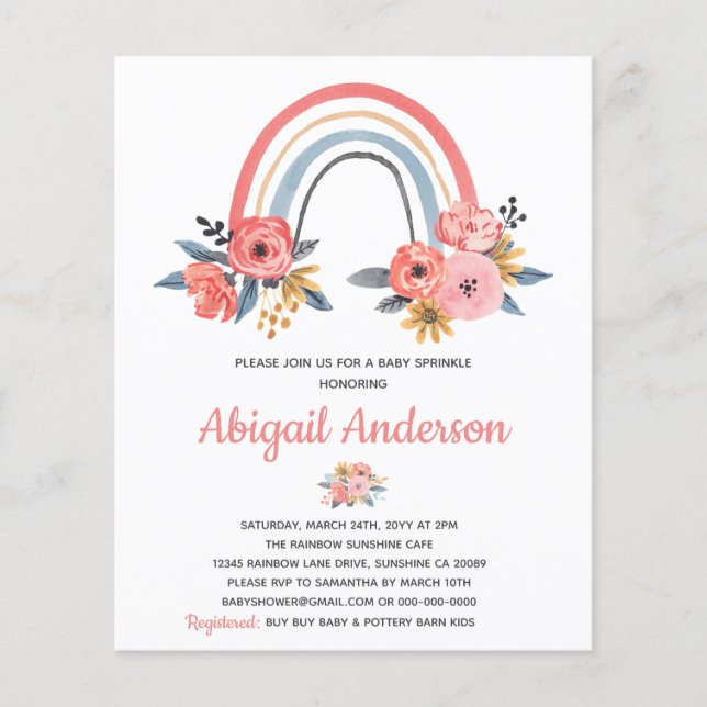Budget Baby Sprinkle Rainbow Floral Invitation (Front)